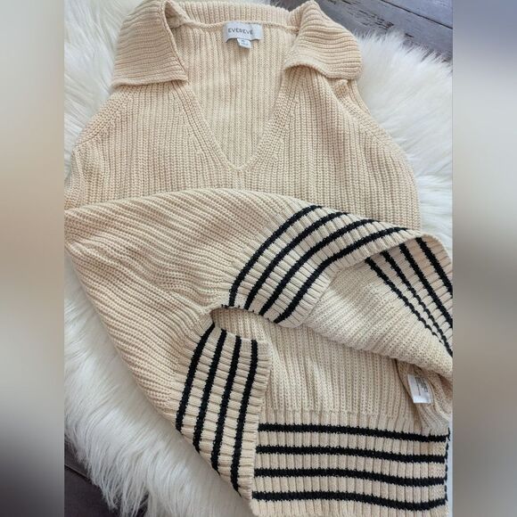 Evereve Cream Black Stripe Knit V Neck Collared Sweater Vest M Medium - Picture 4 of 4